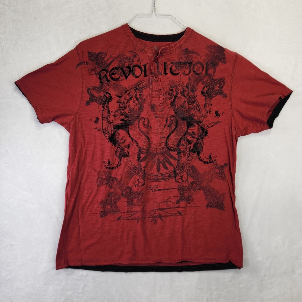Helix Mens Red Revolution Graphic Henley Shirt‎ XL Short Sleeve Cotton Slub Tee